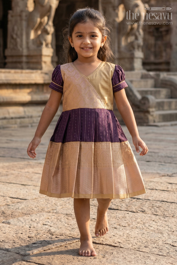 Stunning Magenta Silk Dress for Girls with Kanchipuram Inspired Fabric and Gold Zari Pleated Border
