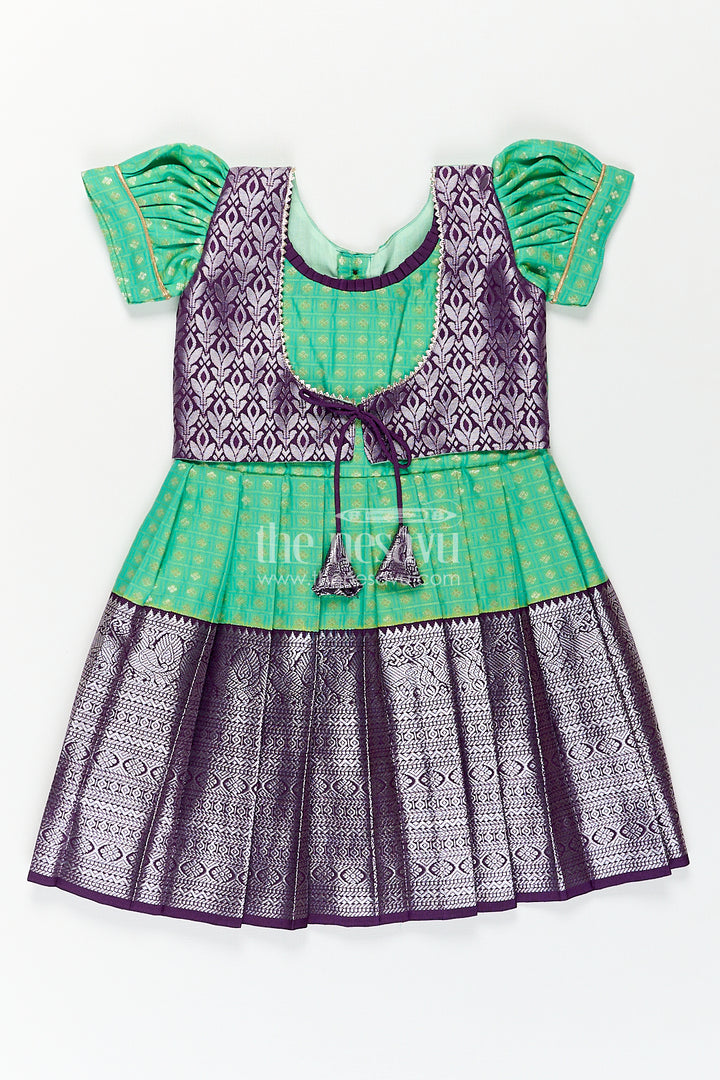 Girls Kanchivaram Silk Cotton Frocks with Puff Sleeves Green Bodice and Purple Zari Woven Skirt
