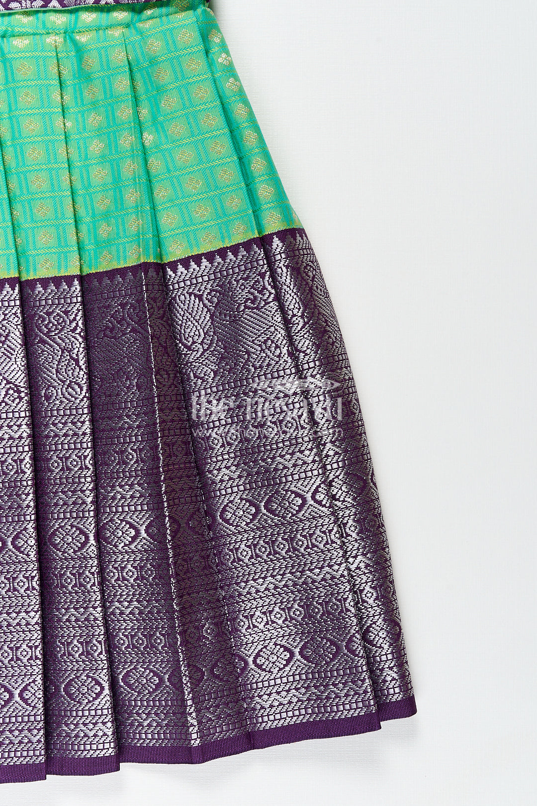 Girls Kanchivaram Silk Cotton Frocks with Puff Sleeves Green Bodice and Purple Zari Woven Skirt