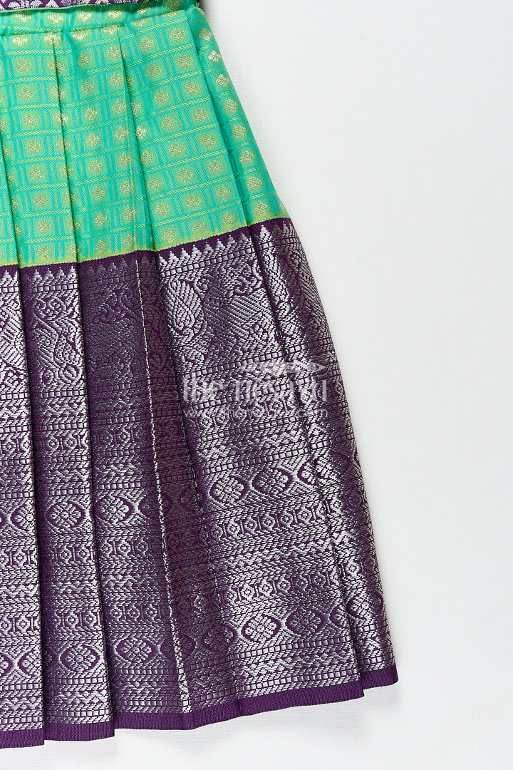 Girls Kanchivaram Silk Cotton Frocks with Puff Sleeves Green Bodice and Purple Zari Woven Skirt