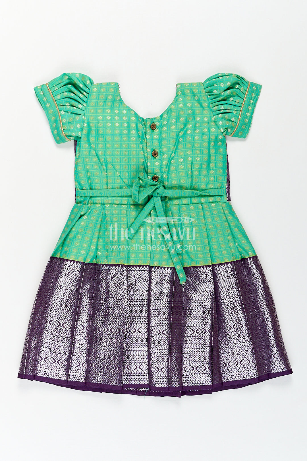 Girls Kanchivaram Silk Cotton Frocks with Puff Sleeves Green Bodice and Purple Zari Woven Skirt