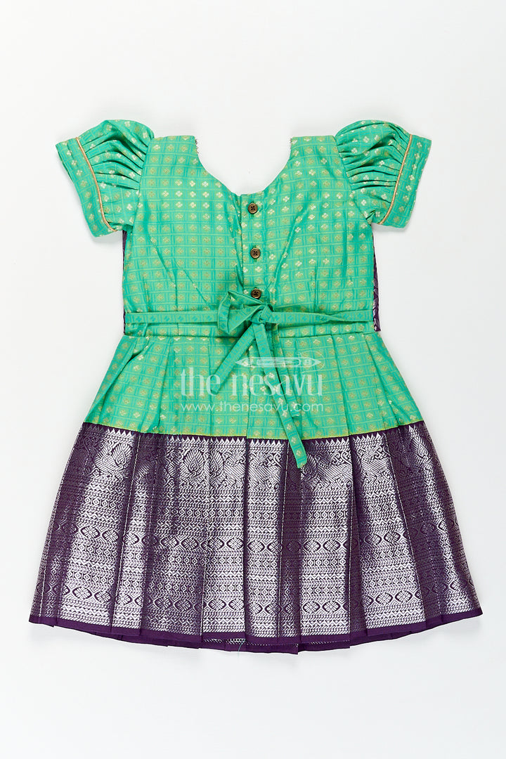 Girls Kanchivaram Silk Cotton Frocks with Puff Sleeves Green Bodice and Purple Zari Woven Skirt