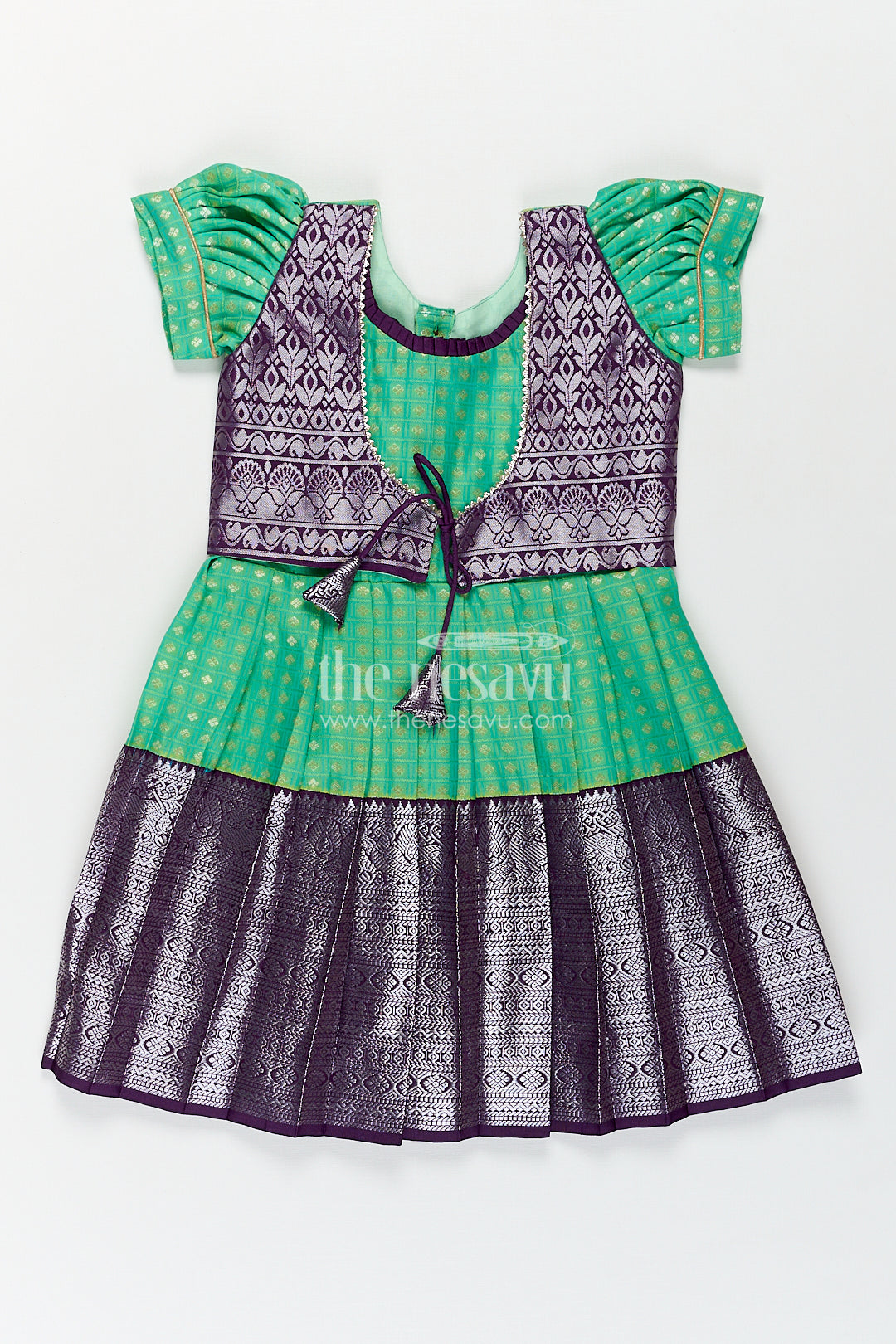Girls Kanchivaram Silk Cotton Frocks with Puff Sleeves Green Bodice and Purple Zari Woven Skirt