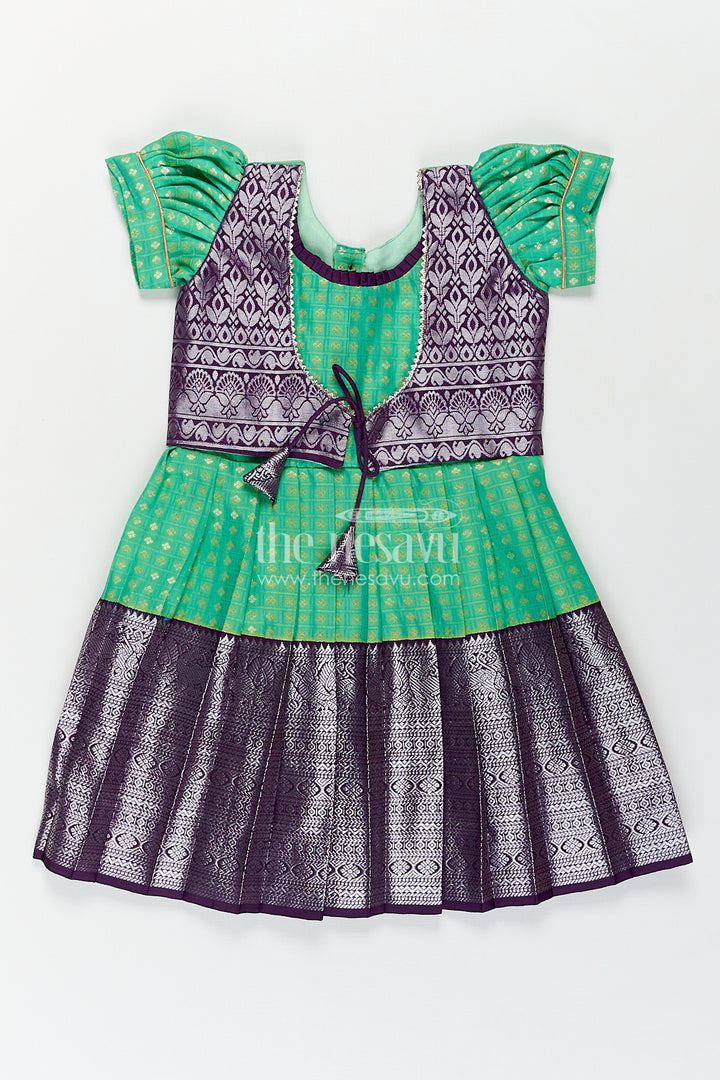 Girls Kanchivaram Silk Cotton Frocks with Puff Sleeves Green Bodice and Purple Zari Woven Skirt