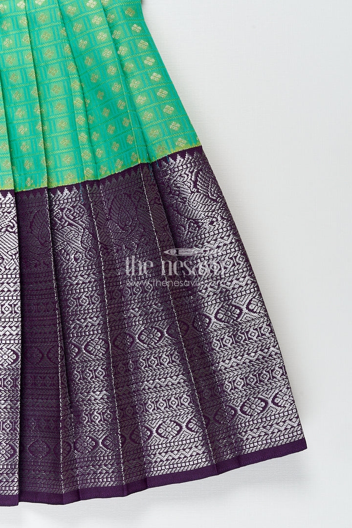 Girls Kanchivaram Silk Cotton Frocks with Puff Sleeves Green Bodice and Purple Zari Woven Skirt