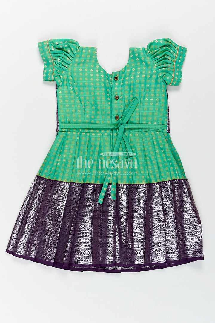 Girls Kanchivaram Silk Cotton Frocks with Puff Sleeves Green Bodice and Purple Zari Woven Skirt
