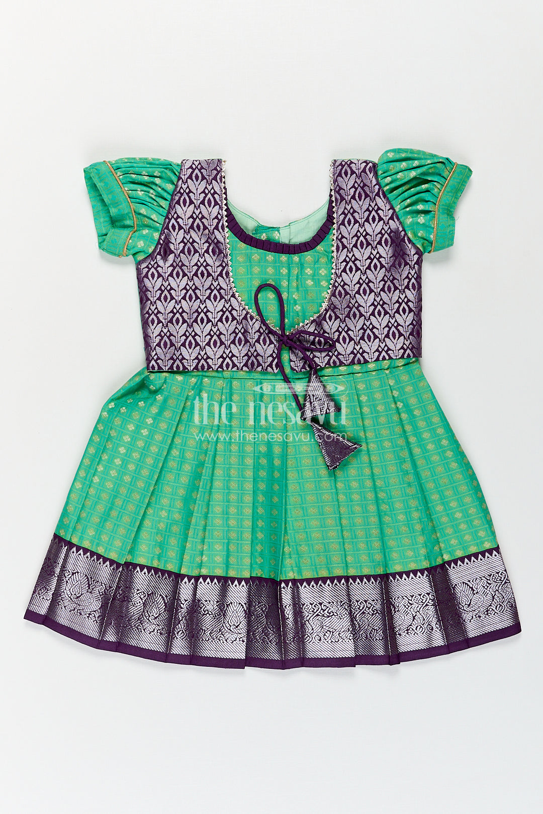 Girls Kanchivaram Silk Cotton Frocks with Puff Sleeves Green Bodice and Purple Zari Woven Skirt