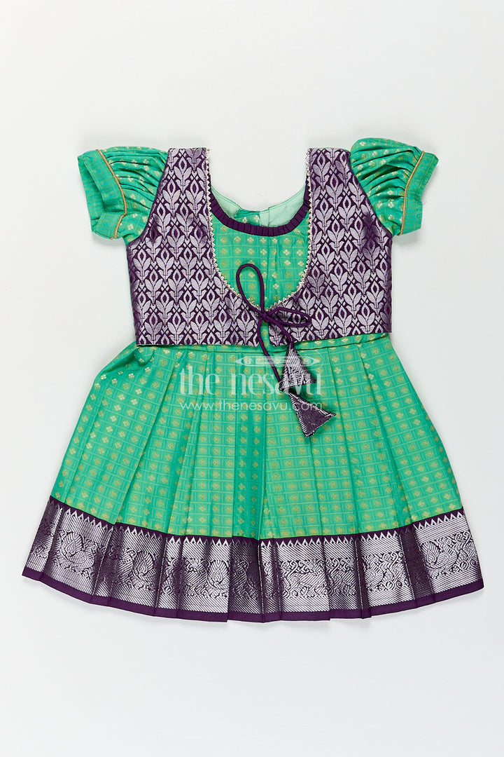 Girls Kanchivaram Silk Cotton Frocks with Puff Sleeves Green Bodice and Purple Zari Woven Skirt