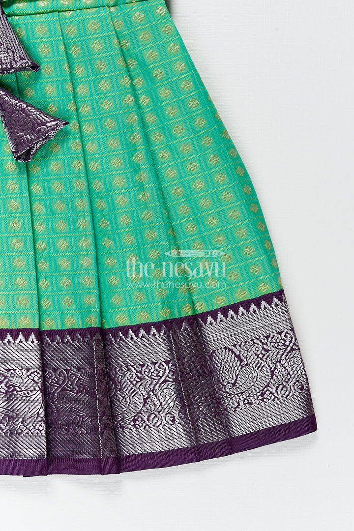 Girls Kanchivaram Silk Cotton Frocks with Puff Sleeves Green Bodice and Purple Zari Woven Skirt