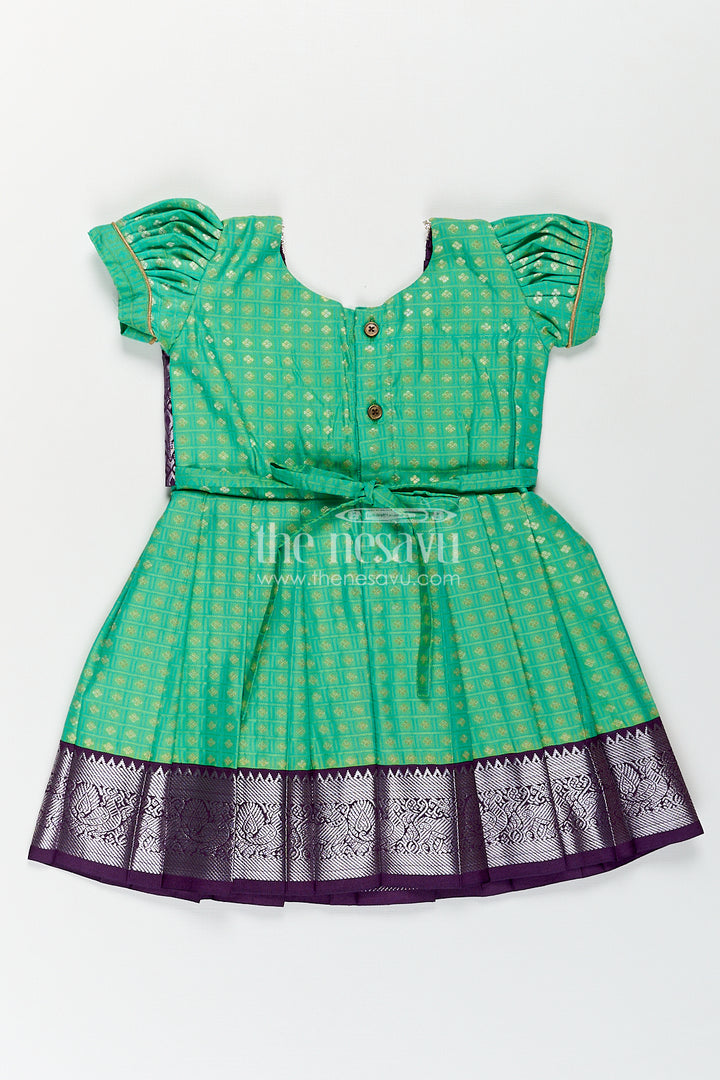 Girls Kanchivaram Silk Cotton Frocks with Puff Sleeves Green Bodice and Purple Zari Woven Skirt