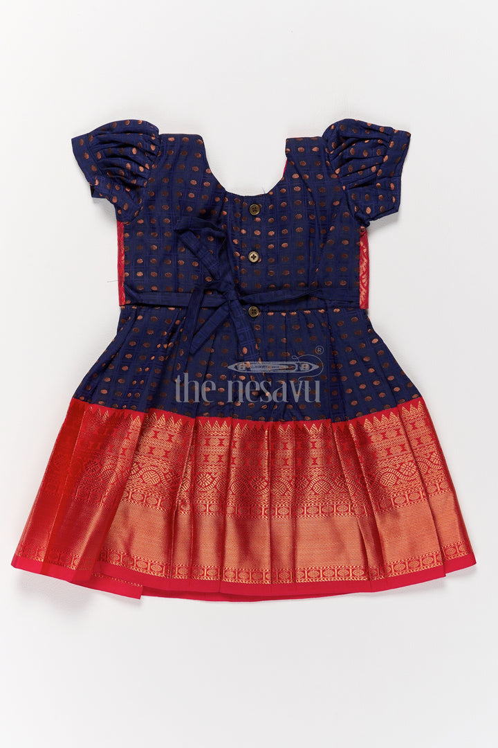 Girls Navy Blue and Red Ethnic Wear for Pongal with Traditional Kanchipuram Silk Look