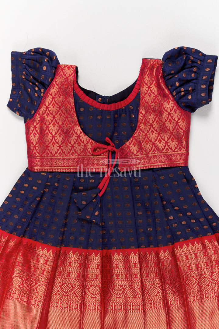 Girls Navy Blue and Red Ethnic Wear for Pongal with Traditional Kanchipuram Silk Look