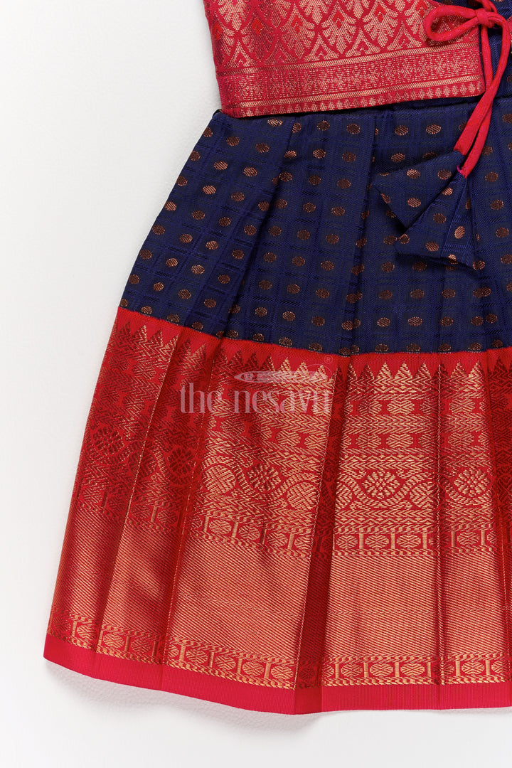 Girls Navy Blue and Red Ethnic Wear for Pongal with Traditional Kanchipuram Silk Look