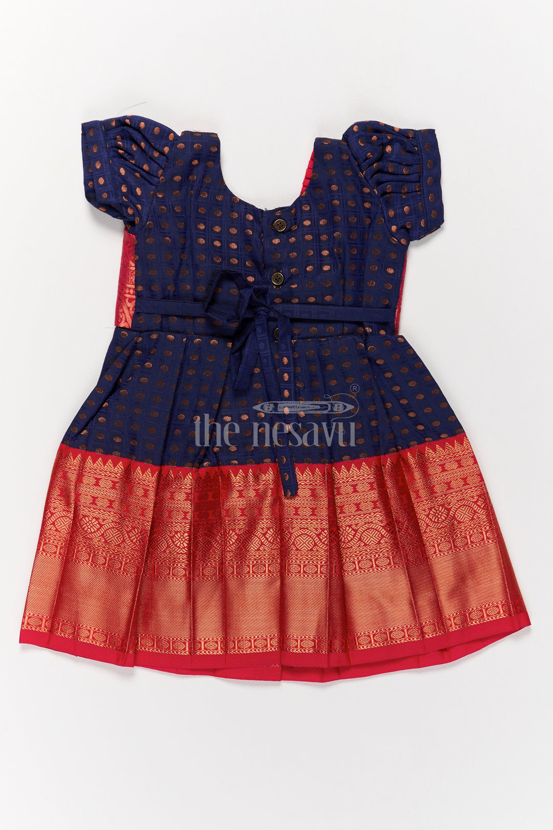 Girls Navy Blue and Red Ethnic Wear for Pongal with Traditional Kanchipuram Silk Look