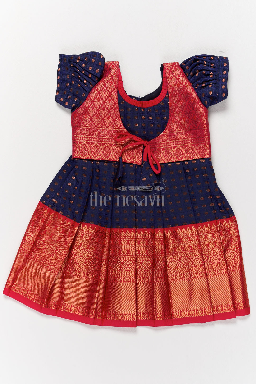 Girls Navy Blue and Red Ethnic Wear for Pongal with Traditional Kanchipuram Silk Look