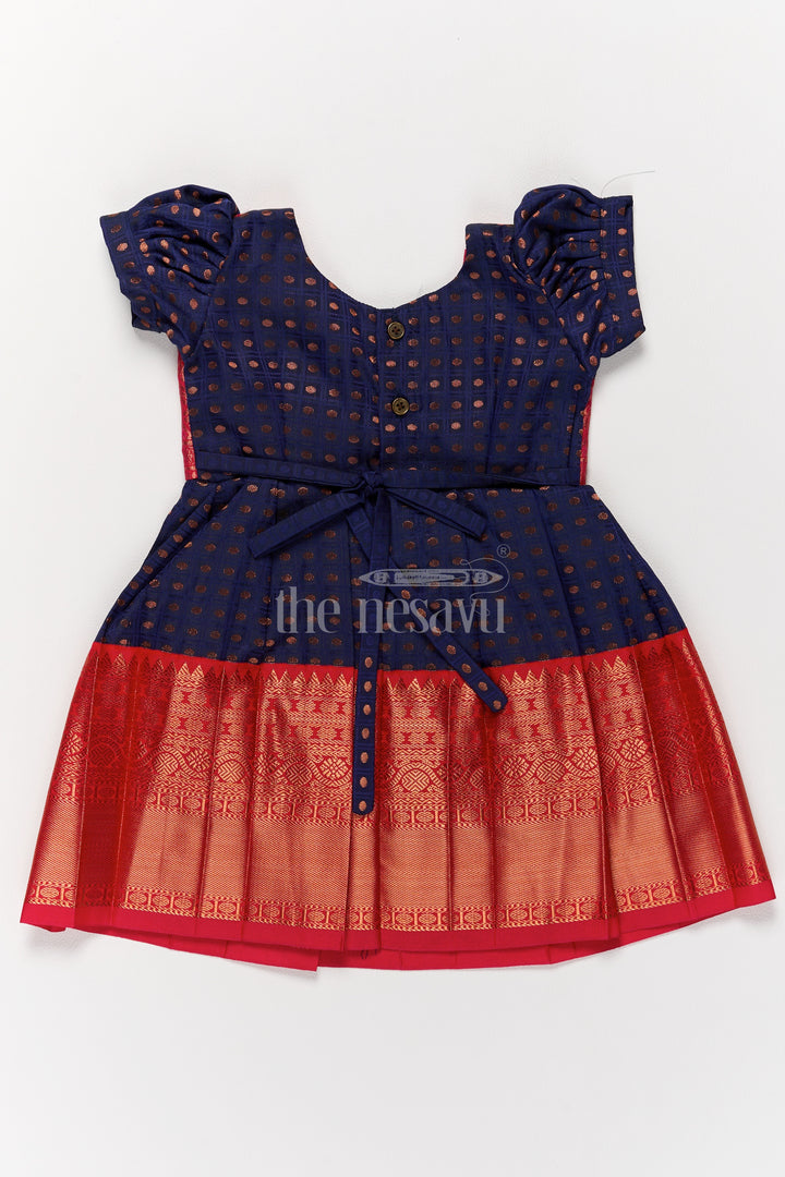 Girls Navy Blue and Red Ethnic Wear for Pongal with Traditional Kanchipuram Silk Look