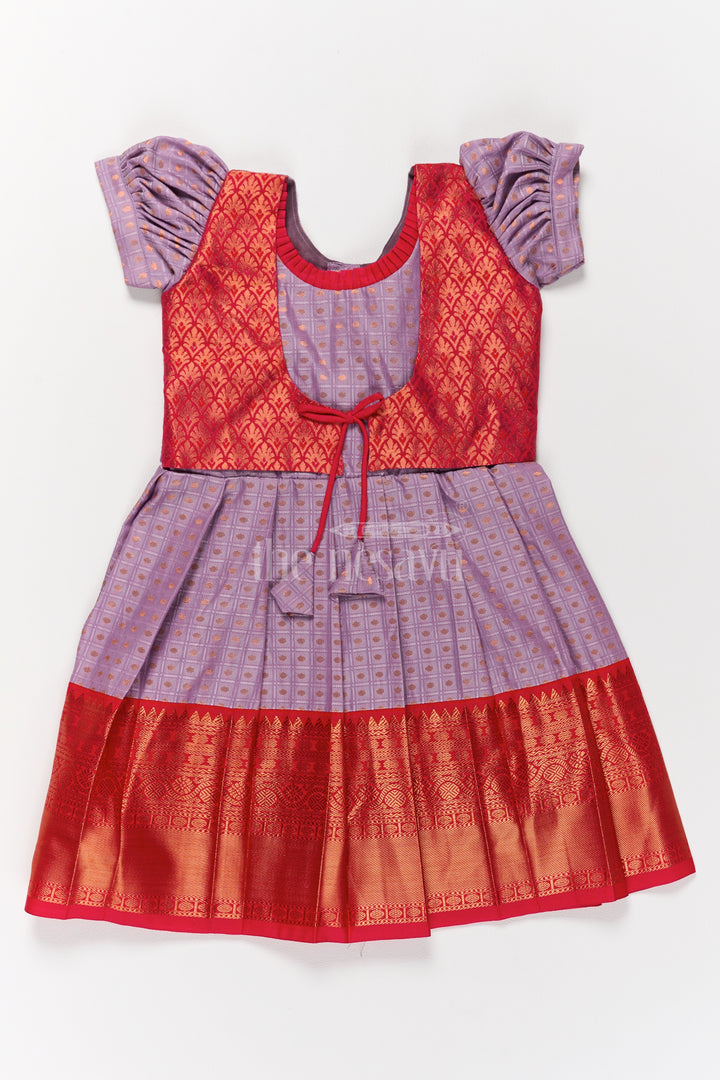 Elegant Lavender and Red Pongal Ethnic Wear for Girls with Puff Sleeves and Zari Accents