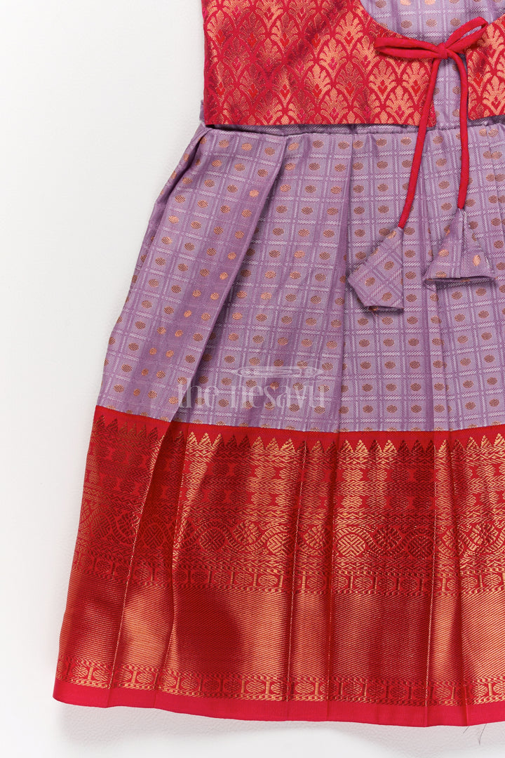 Elegant Lavender and Red Pongal Ethnic Wear for Girls with Puff Sleeves and Zari Accents