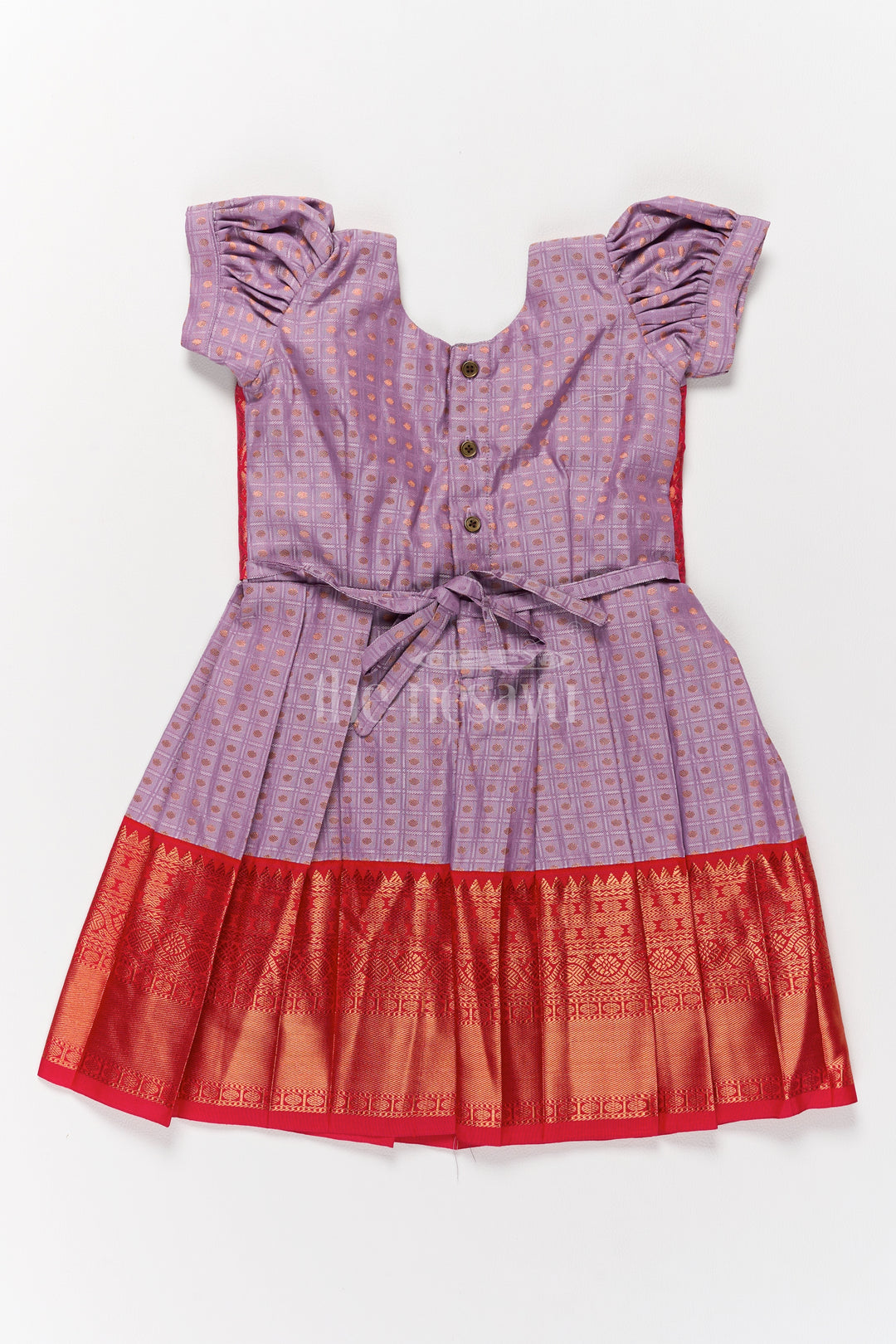 Elegant Lavender and Red Pongal Ethnic Wear for Girls with Puff Sleeves and Zari Accents