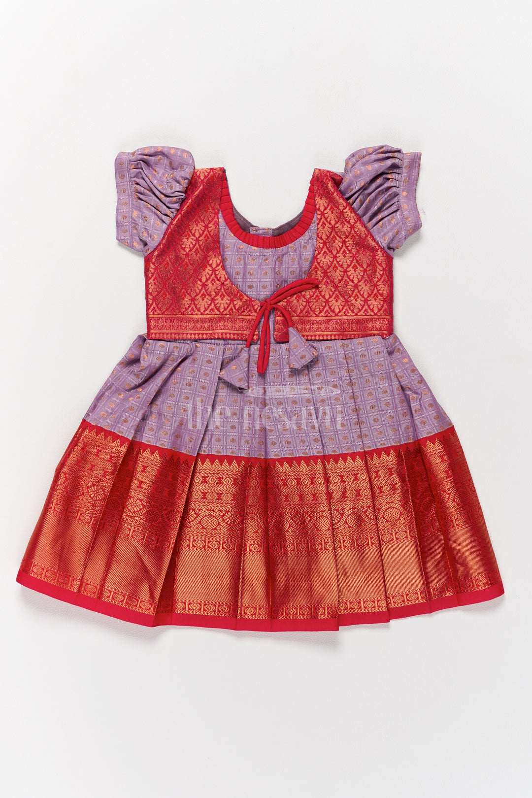 Elegant Lavender and Red Pongal Ethnic Wear for Girls with Puff Sleeves and Zari Accents