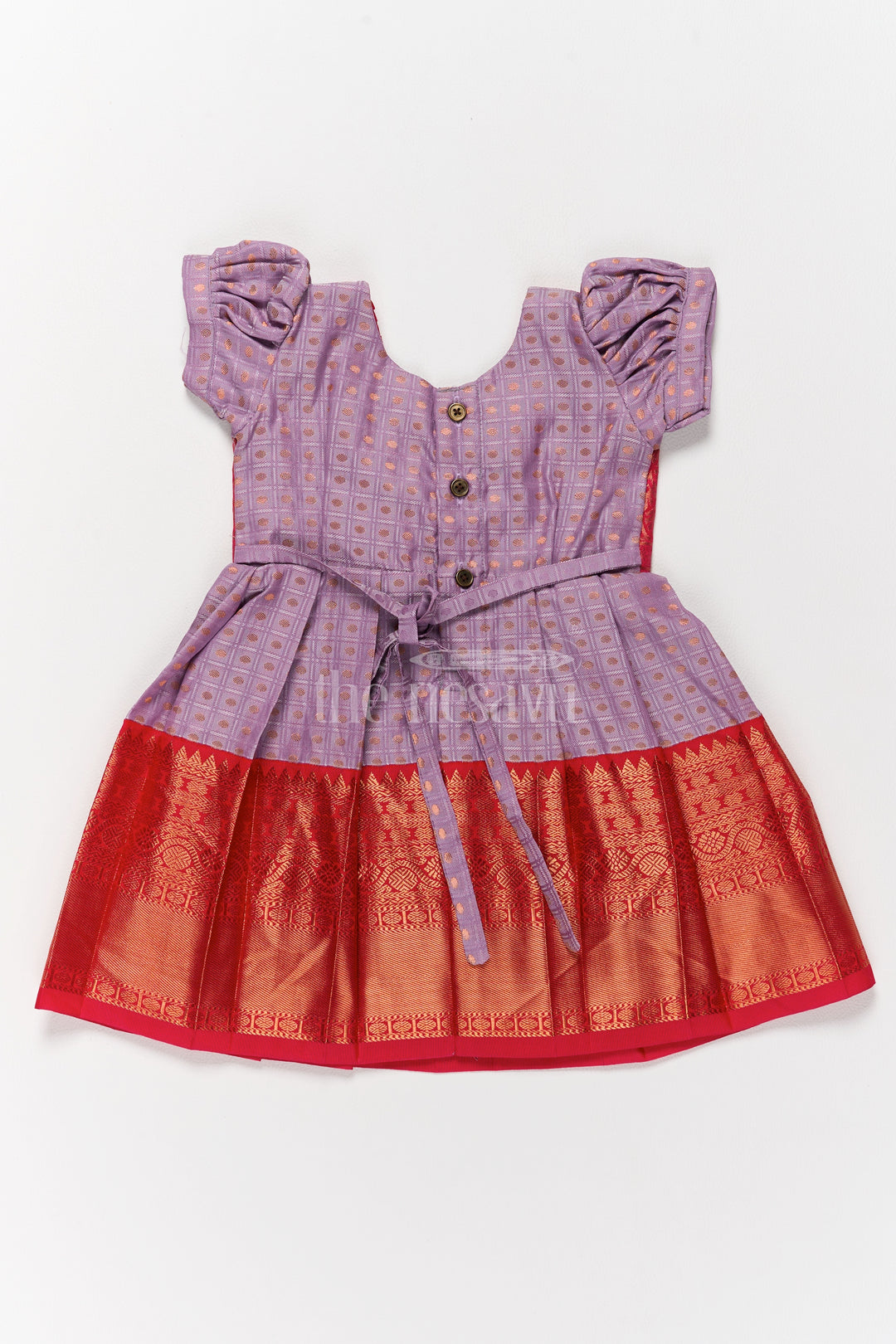 Elegant Lavender and Red Pongal Ethnic Wear for Girls with Puff Sleeves and Zari Accents