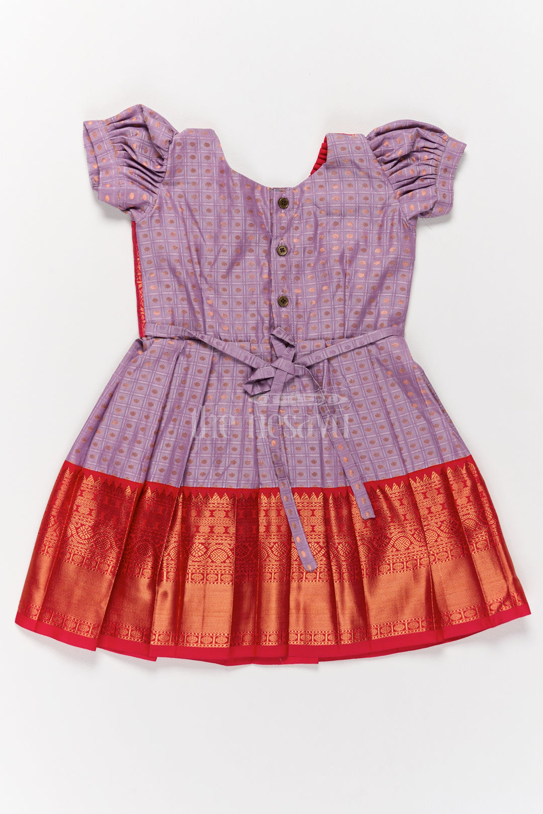 Elegant Lavender and Red Pongal Ethnic Wear for Girls with Puff Sleeves and Zari Accents