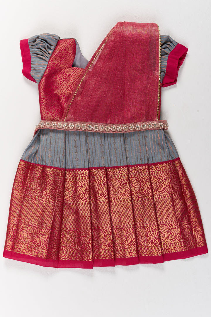 Traditional Gray and Red Pattu Pavadai for Girls with Silk Zari Weaving