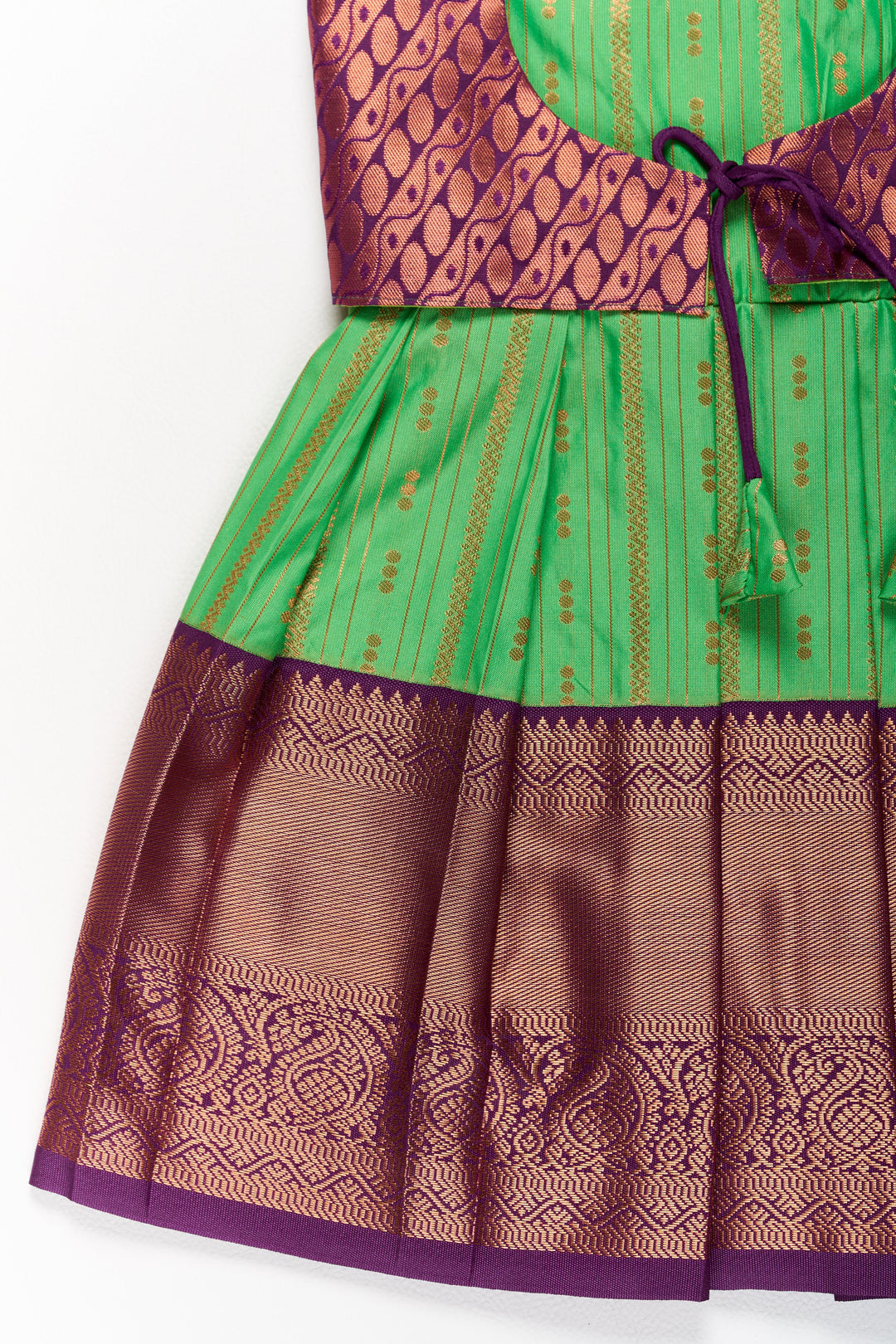 Vibrant Green and Maroon Pattu Pavadai Set for Girls with Traditional Zari Borders