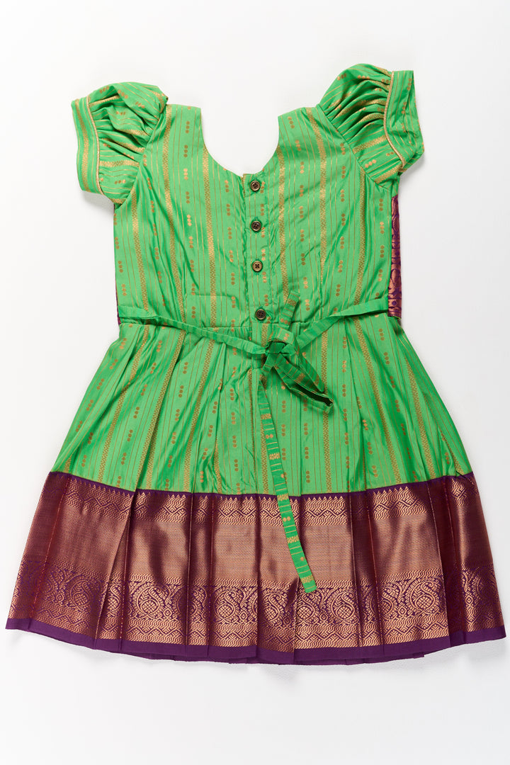 Vibrant Green and Maroon Pattu Pavadai Set for Girls with Traditional Zari Borders