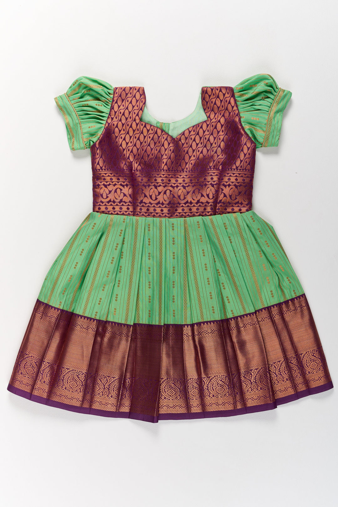 Traditional Green and Maroon Pattu Pavadai for Girls with Golden Zari Borders