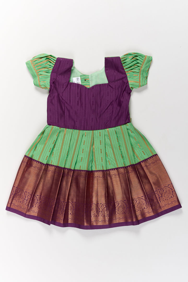 Traditional Green and Maroon Pattu Pavadai for Girls with Golden Zari Borders