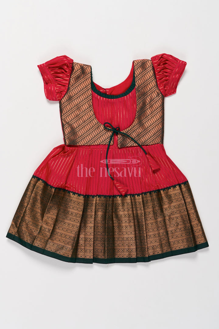 Girls Red and Gold Best Dress for Pongal with Elegant Zari Jacket and Traditional Motifs