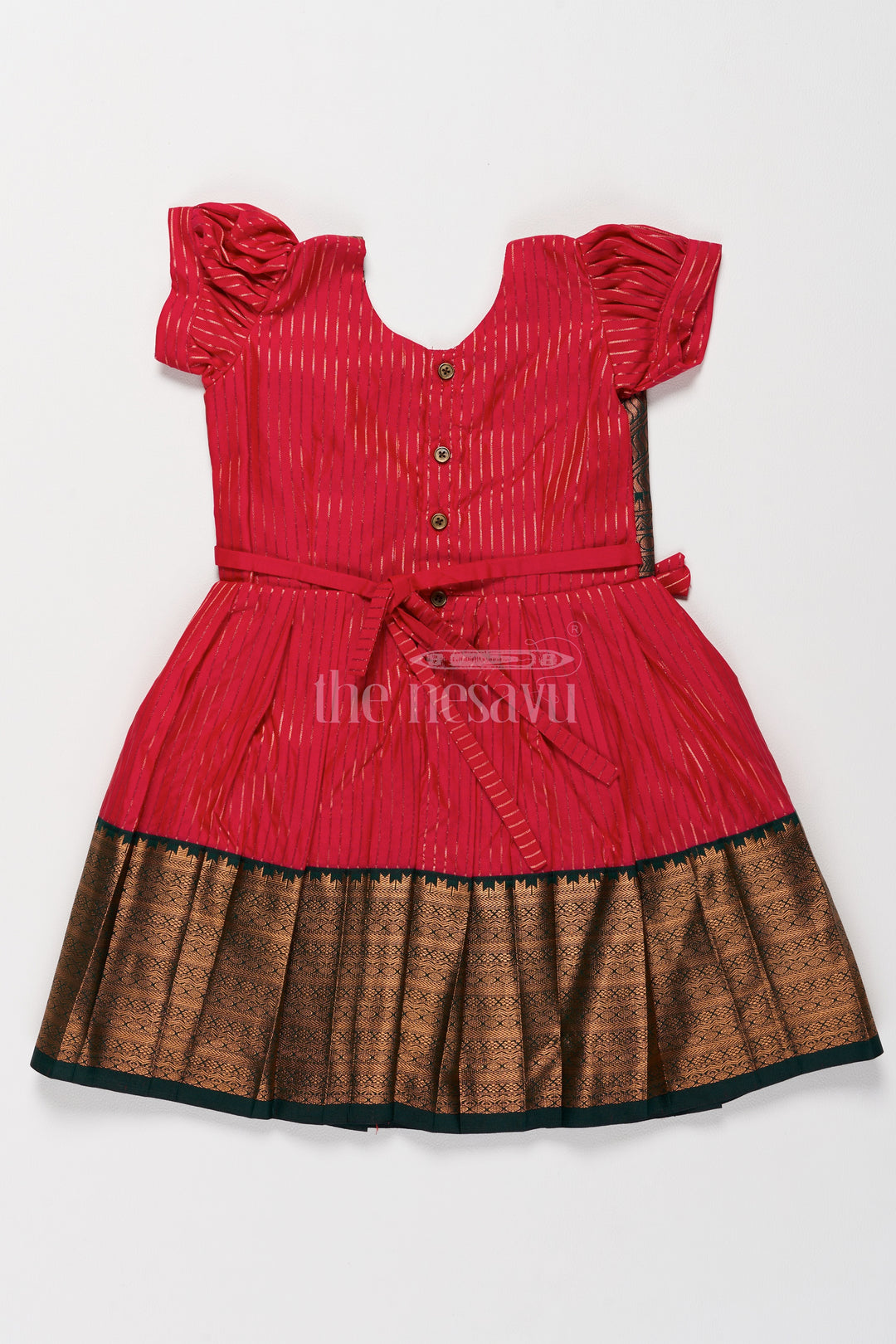 Girls Red and Gold Best Dress for Pongal with Elegant Zari Jacket and Traditional Motifs