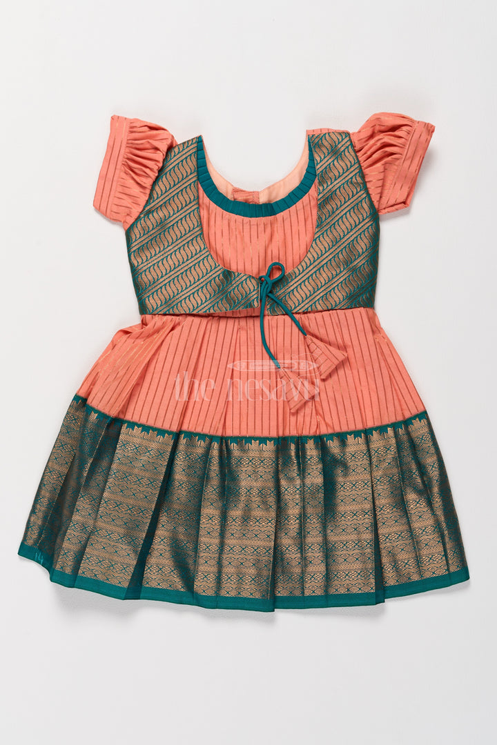 Green and Orange Dress for Pongal with Decorative Zari Patterns and Traditional Charm