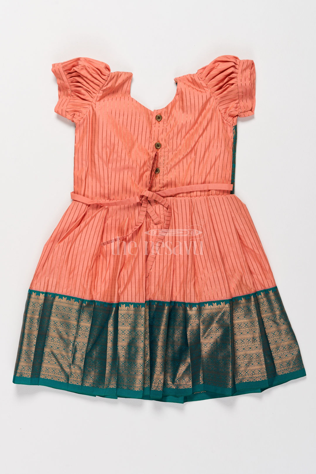 Green and Orange Dress for Pongal with Decorative Zari Patterns and Traditional Charm