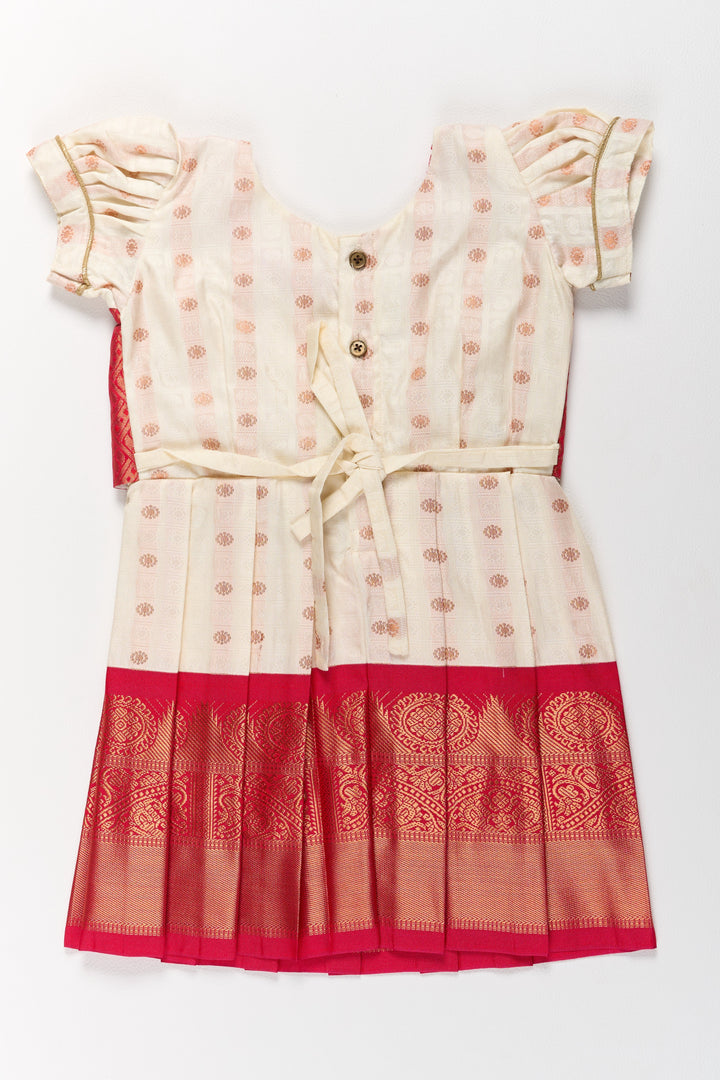 Graceful Cream and Red Pattu Pavadai for Girls with Golden Zari Accents