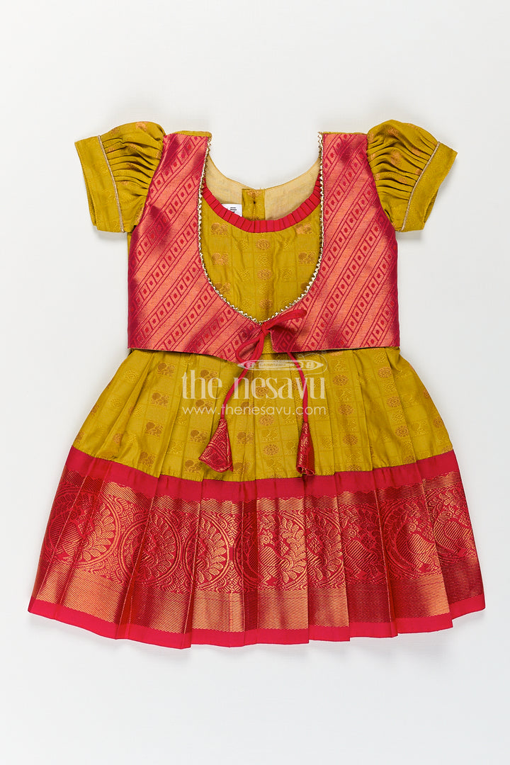 Girls Kanchivaram Yellow Silk Frock with Puff Sleeves and Contrast Maroon Zari Woven Border Design