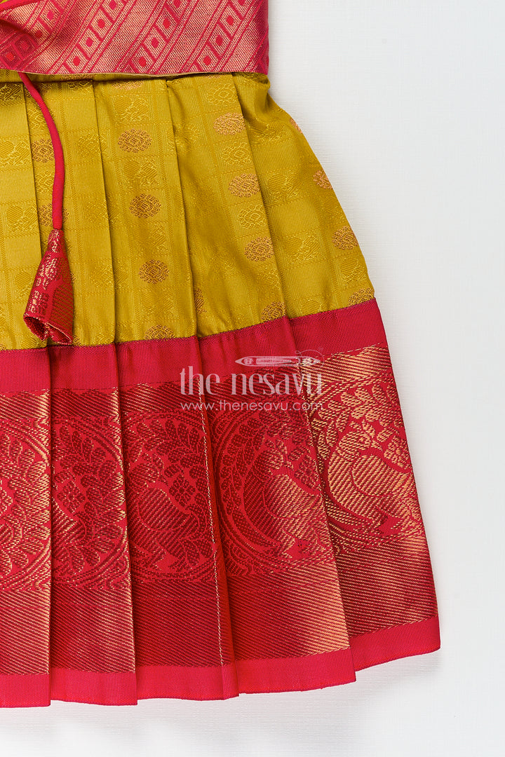 Girls Kanchivaram Yellow Silk Frock with Puff Sleeves and Contrast Maroon Zari Woven Border Design