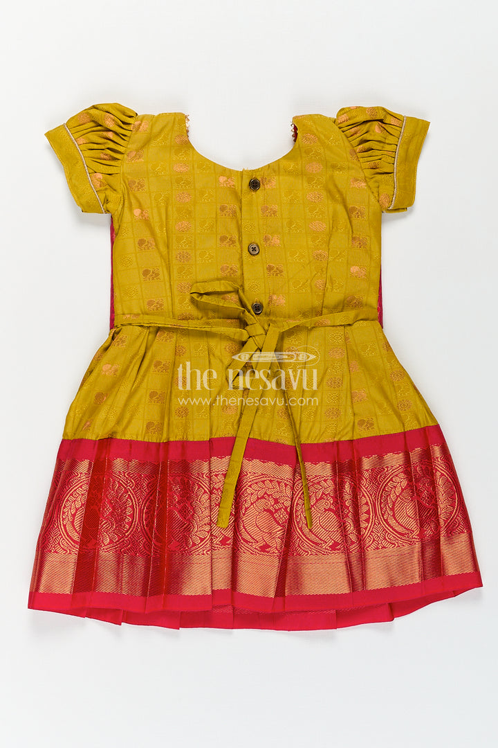 Girls Kanchivaram Yellow Silk Frock with Puff Sleeves and Contrast Maroon Zari Woven Border Design