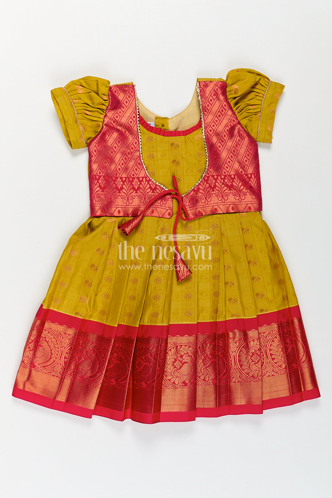 Girls Kanchivaram Yellow Silk Frock with Puff Sleeves and Contrast Maroon Zari Woven Border Design