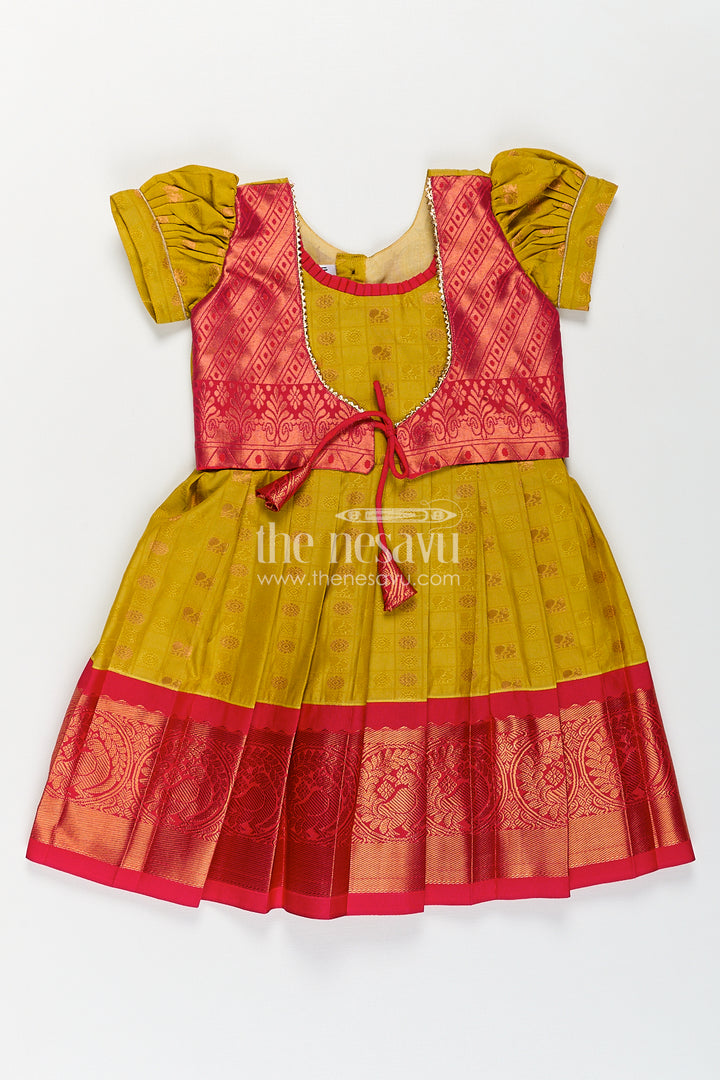 Girls Kanchivaram Yellow Silk Frock with Puff Sleeves and Contrast Maroon Zari Woven Border Design