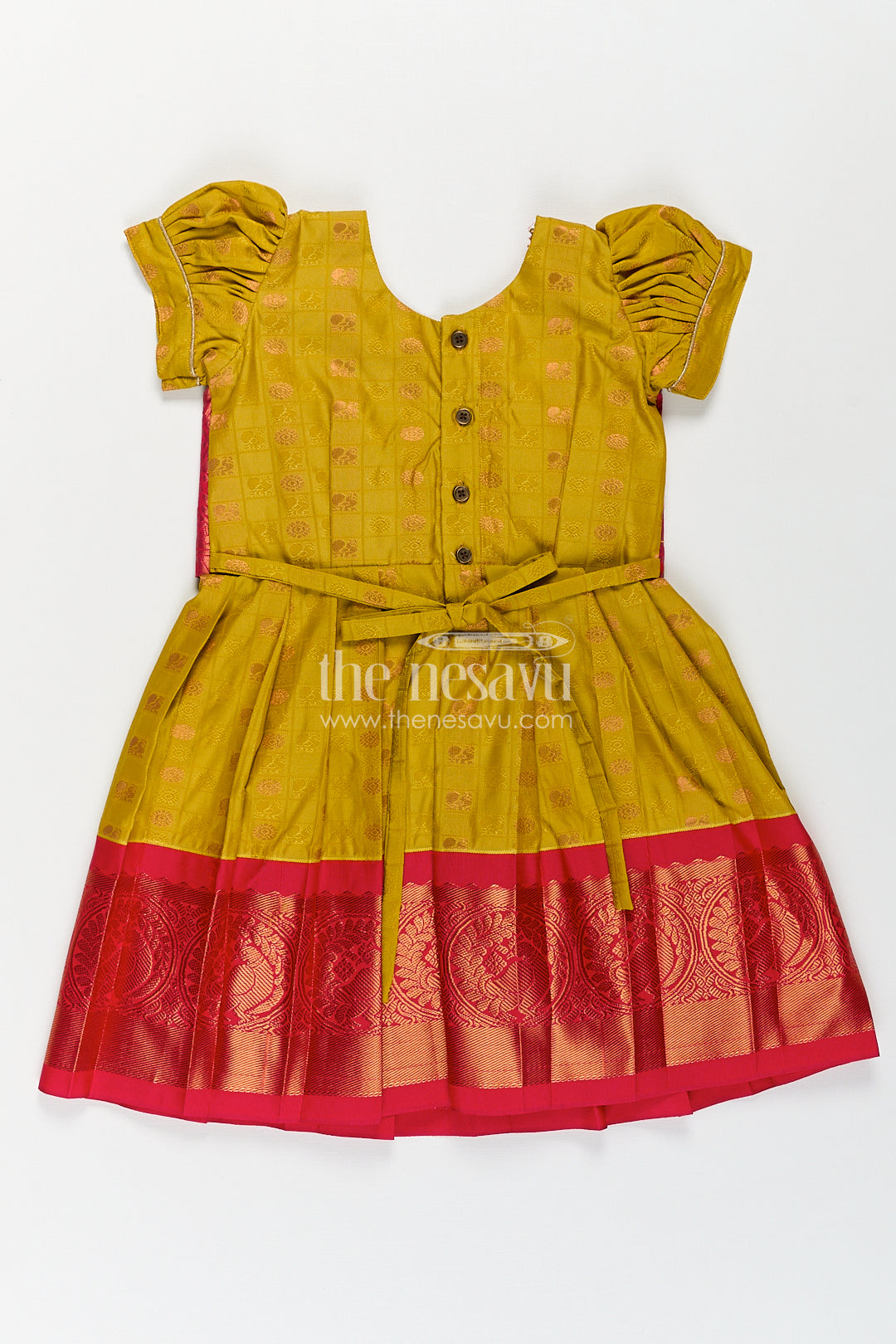Girls Kanchivaram Yellow Silk Frock with Puff Sleeves and Contrast Maroon Zari Woven Border Design