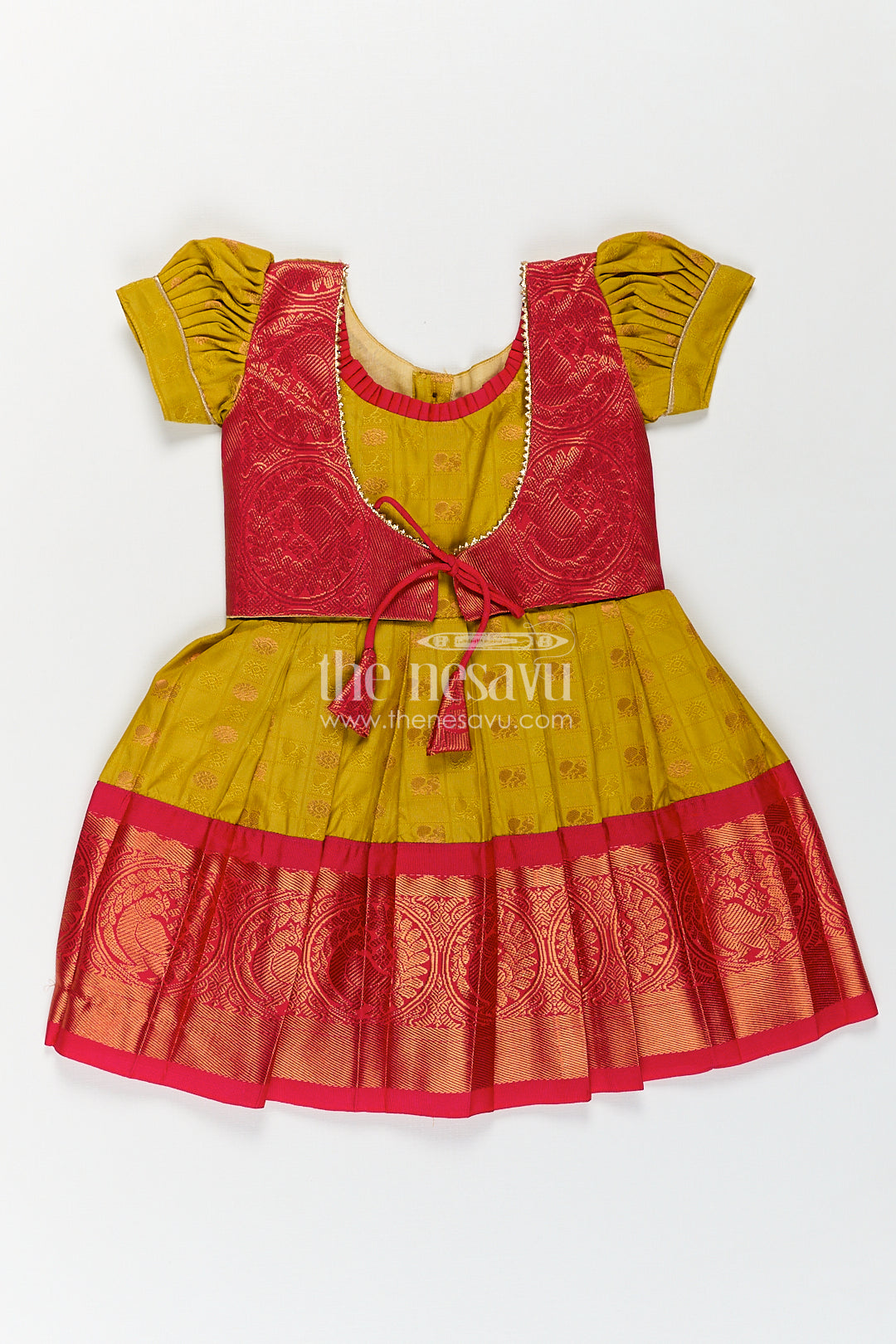 Girls Kanchivaram Yellow Silk Frock with Puff Sleeves and Contrast Maroon Zari Woven Border Design