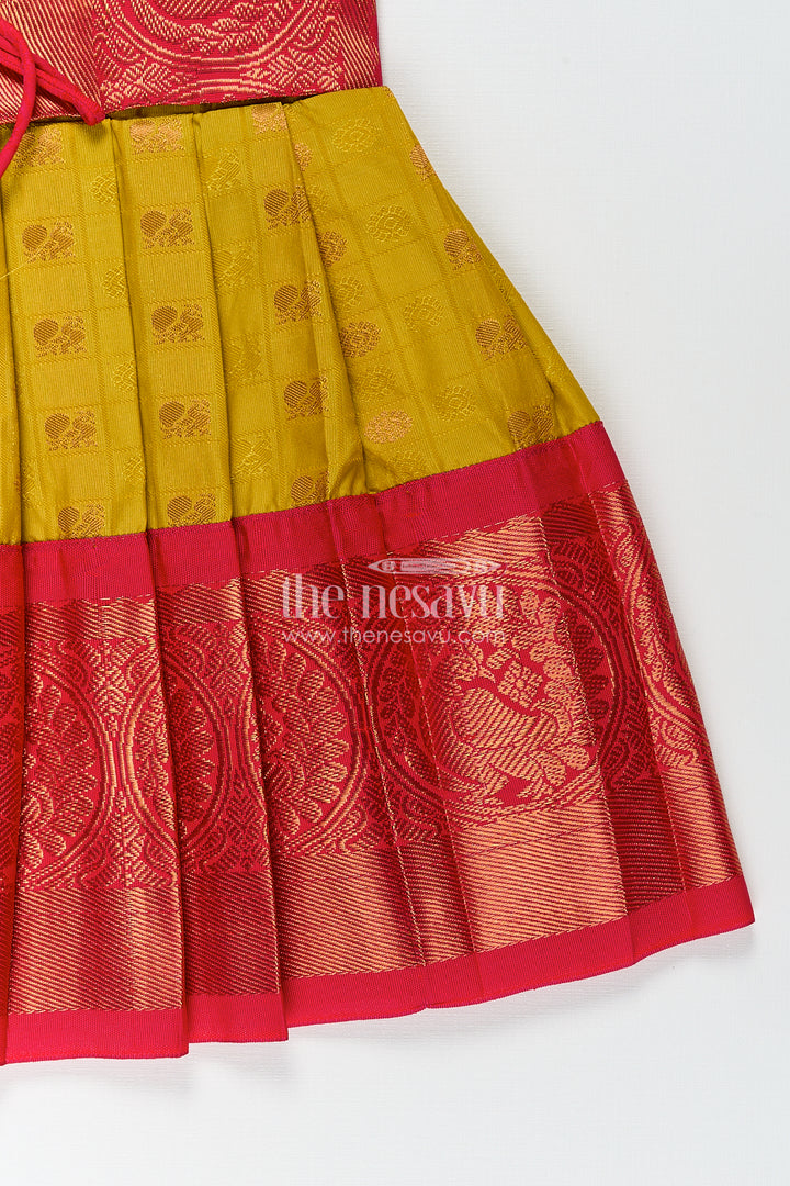Girls Kanchivaram Yellow Silk Frock with Puff Sleeves and Contrast Maroon Zari Woven Border Design