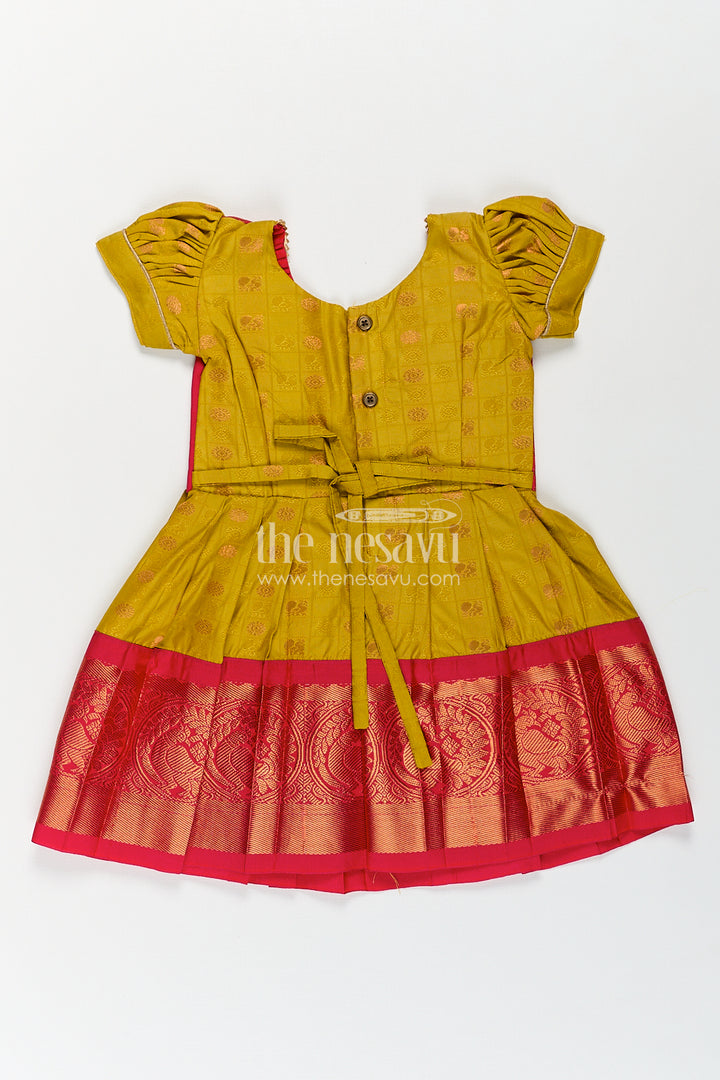 Girls Kanchivaram Yellow Silk Frock with Puff Sleeves and Contrast Maroon Zari Woven Border Design