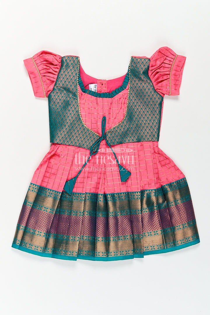 Girls Kanchivaram Pink Silk Dress with Puff Sleeves and Green Zari Overlay for Traditional Celebrations