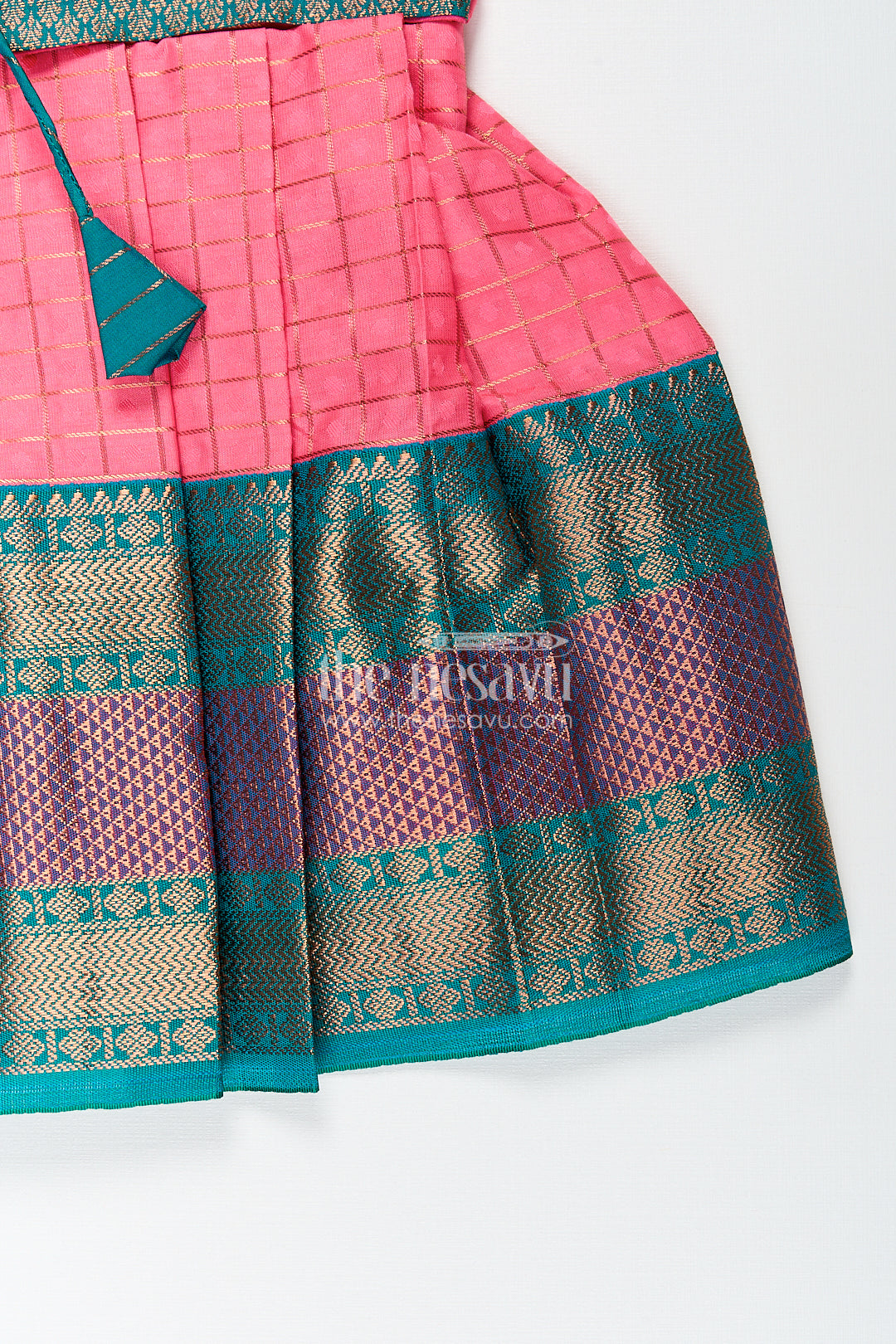 Girls Kanchivaram Pink Silk Dress with Puff Sleeves and Green Zari Overlay for Traditional Celebrations