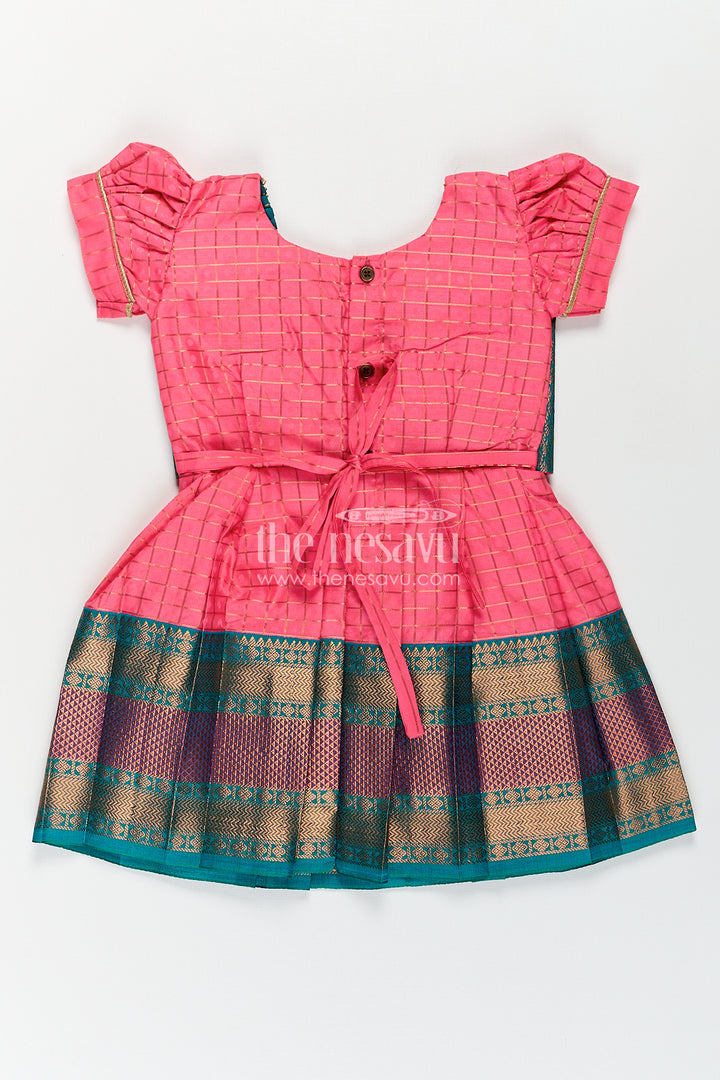 Girls Kanchivaram Pink Silk Dress with Puff Sleeves and Green Zari Overlay for Traditional Celebrations