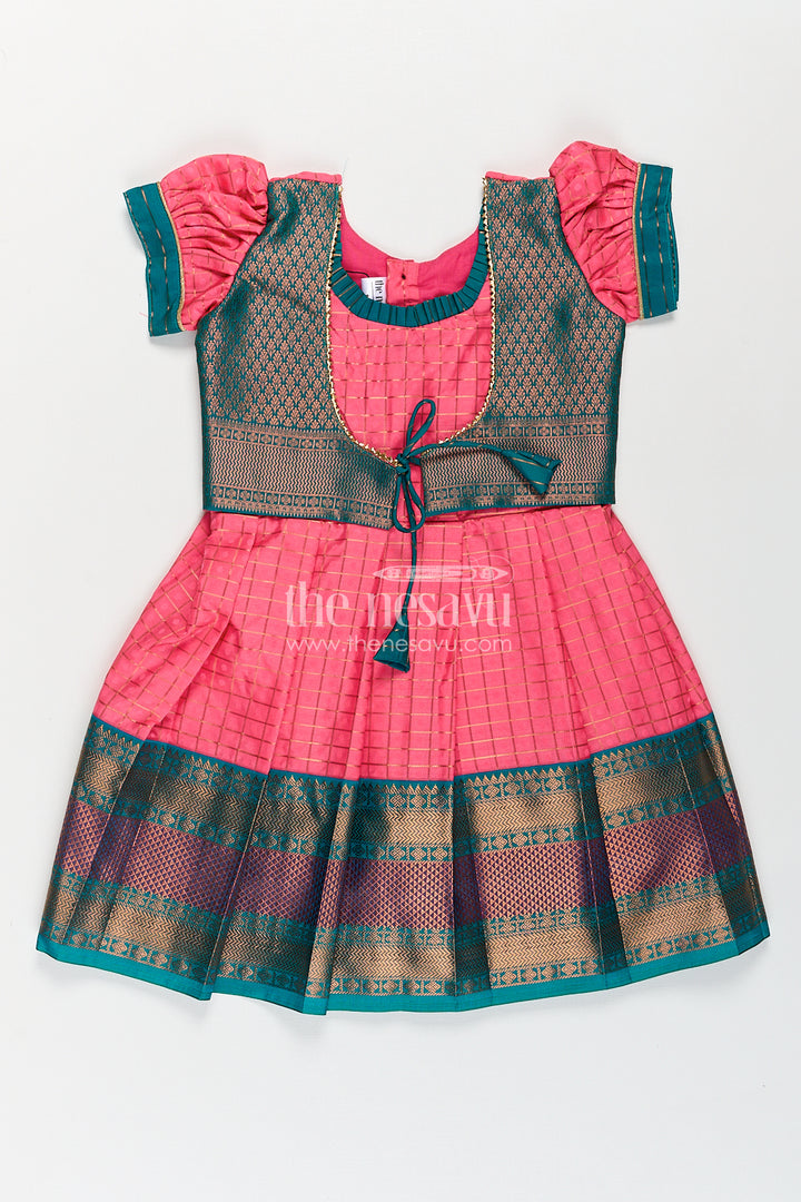 Girls Kanchivaram Pink Silk Dress with Puff Sleeves and Green Zari Overlay for Traditional Celebrations
