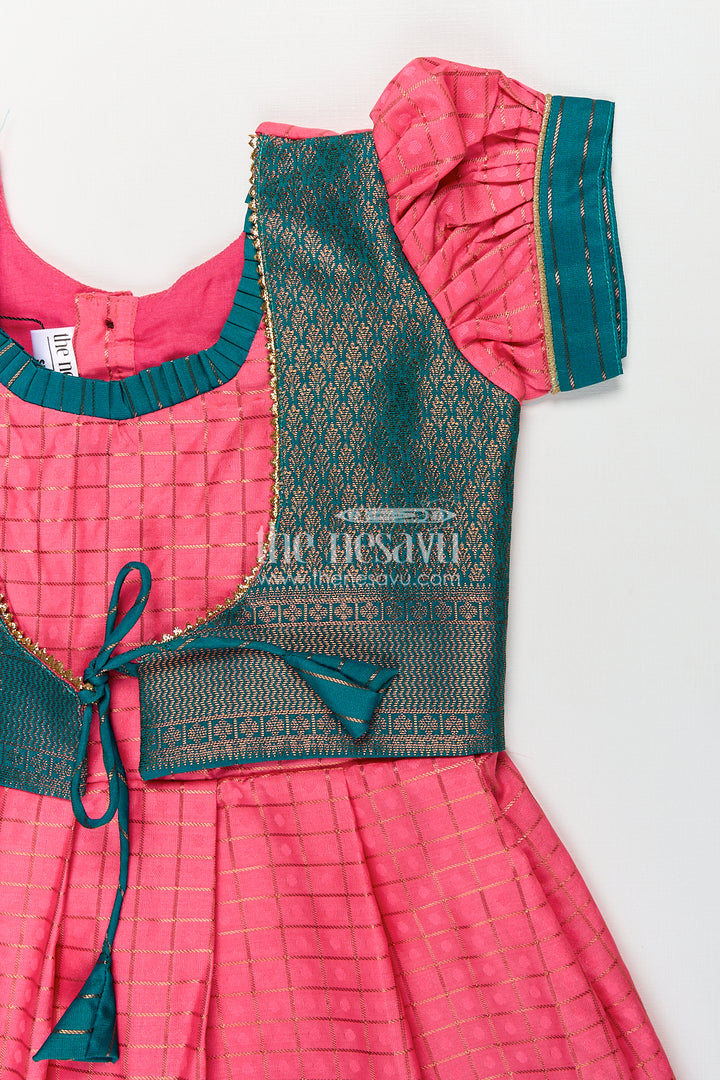 Girls Kanchivaram Pink Silk Dress with Puff Sleeves and Green Zari Overlay for Traditional Celebrations